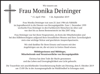 Todesanzeige von Monika Deininger von merkurtz