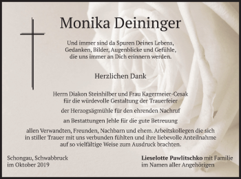 Todesanzeige von Monika Deininger von merkurtz
