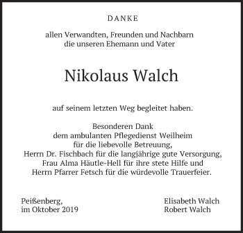 Todesanzeige von Nikolaus Walch von merkurtz