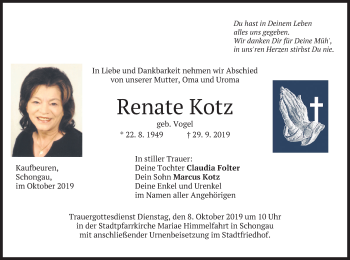 Todesanzeige von Renate Kotz von merkurtz