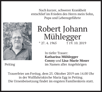Todesanzeige von Robert Johann Mühlegger von merkurtz