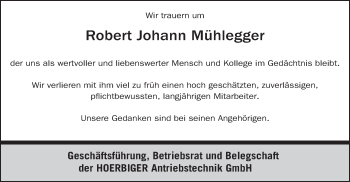 Todesanzeige von Robert Johann Mühlegger von merkurtz