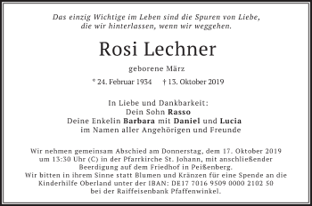 Todesanzeige von Rosi Lechner von merkurtz
