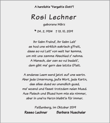 Todesanzeige von Rosi Lechner von merkurtz