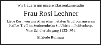 Todesanzeige von Rosi Lechner von merkurtz