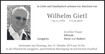 Todesanzeige von Wilhelm Gietl von merkurtz