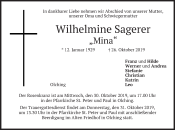 Todesanzeige von Wilhelmine Sagerer von merkurtz