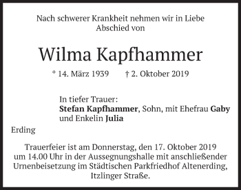 Todesanzeige von Wilma Kapfhammer von merkurtz