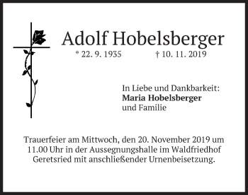 Todesanzeige von Adolf Hobelsberger von merkurtz
