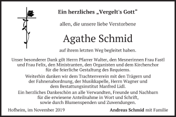 Todesanzeige von Agathe Schmid von merkurtz