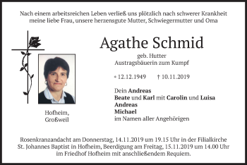 Todesanzeige von Agathe Schmid von merkurtz