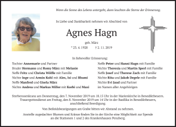 Todesanzeige von Agnes Hagn von merkurtz