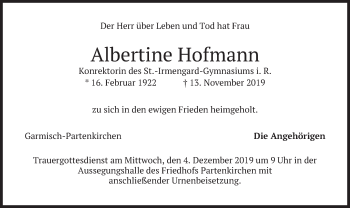 Todesanzeige von Albertine Hofmann von merkurtz