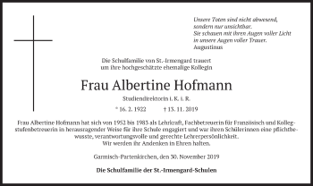 Todesanzeige von Albertine Hofmann von merkurtz