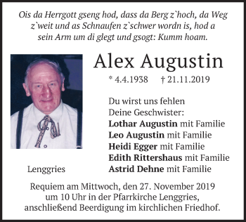 Todesanzeige von Alex Augustin von merkurtz