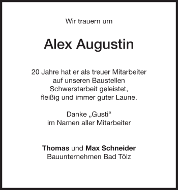 Todesanzeige von Alex Augustin von merkurtz