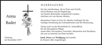 Todesanzeige von Anna Bader von merkurtz