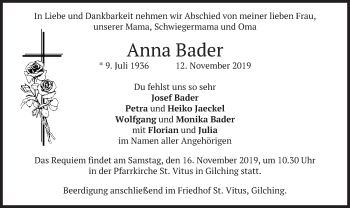Todesanzeige von Anna Bader von merkurtz