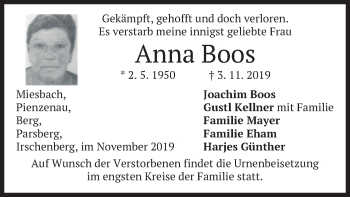 Todesanzeige von Anna Boos von merkurtz