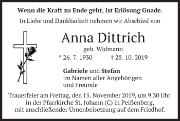 Todesanzeige von Anna Dittrich von merkurtz