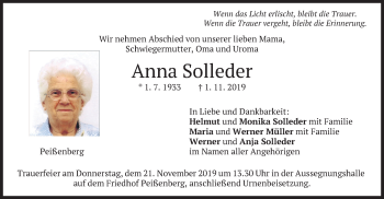 Todesanzeige von Anna Solleder von merkurtz