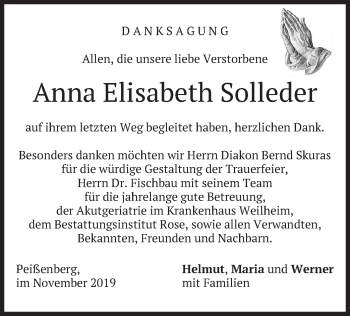 Todesanzeige von Anna Elisabeth Solleder von merkurtz