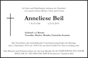 Todesanzeige von Anneliese Beil von merkurtz