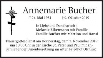 Todesanzeige von Annemarie Bucher von merkurtz