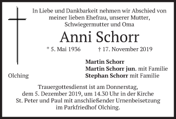 Todesanzeige von Anni Schorr von merkurtz