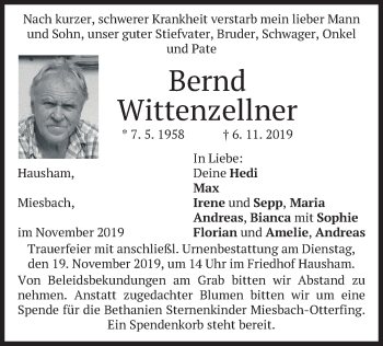 Todesanzeige von Bernd Wittenzellner von merkurtz