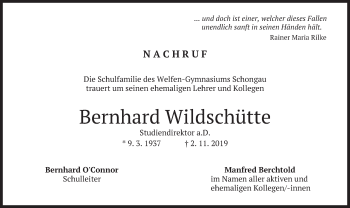 Todesanzeige von Bernhard Wildschütte von merkurtz