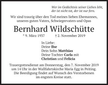 Todesanzeige von Bernhard Wildschütte von merkurtz