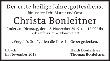 Todesanzeige von Christa Bonleitner von merkurtz