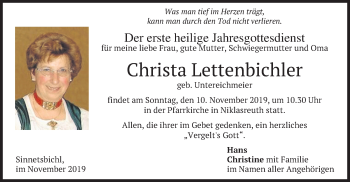 Todesanzeige von Christa Lettenbichler von merkurtz