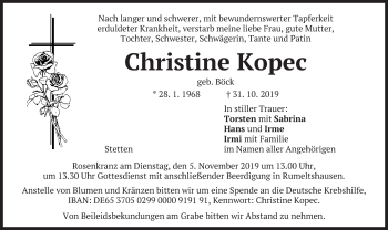 Todesanzeige von Christine Kopec von merkurtz