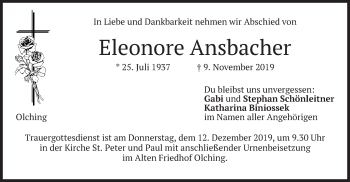 Todesanzeige von Eleonore Ansbacher von merkurtz