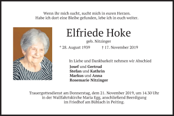 Todesanzeige von Elfriede Hoke von merkurtz