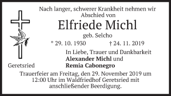 Todesanzeige von Elfriede Michl von merkurtz