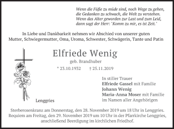 Todesanzeige von Elfriede Wenig von merkurtz