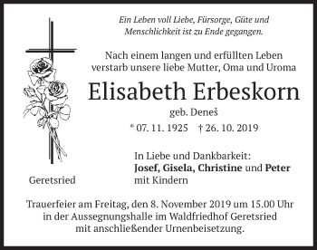 Todesanzeige von Elisabeth Erbeskorn von merkurtz