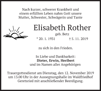 Todesanzeige von Elisabeth Rother von merkurtz