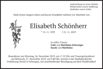 Todesanzeige von Elisabeth Schönherr von merkurtz