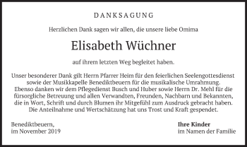 Todesanzeige von Elisabeth Wüchner von merkurtz