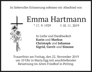 Todesanzeige von Emma Hartmann von merkurtz