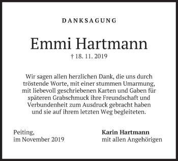 Todesanzeige von Emmi Hartmann von merkurtz
