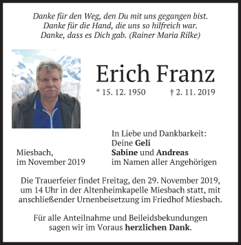 Todesanzeige von Erich Franz von merkurtz