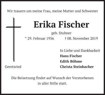 Todesanzeige von Erika Fischer von merkurtz