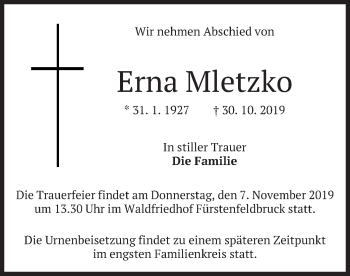 Todesanzeige von Erna Mletzko von merkurtz