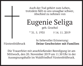 Todesanzeige von Eugenie Seliga von merkurtz