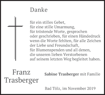 Todesanzeige von Franz Trasberger von merkurtz